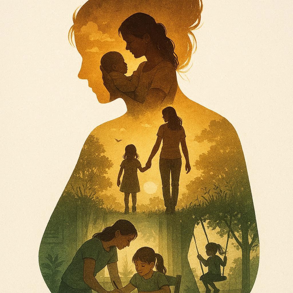A silhouette of a mother filled with scenes from her life (double exposure style)
